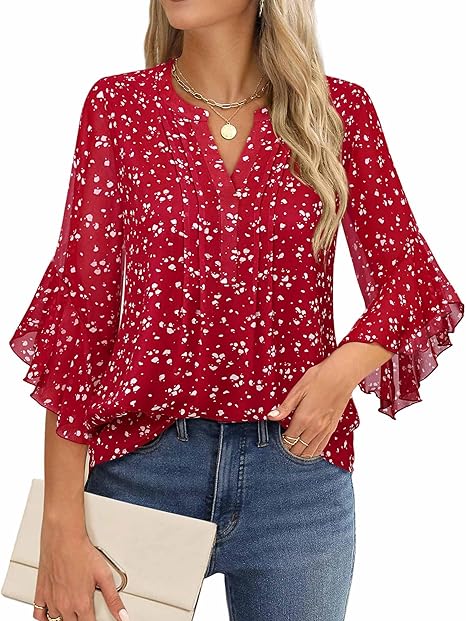 Women's 3/4 Sleeve Tops Dressy Casual Business Work Blouses Chiffon Shirts